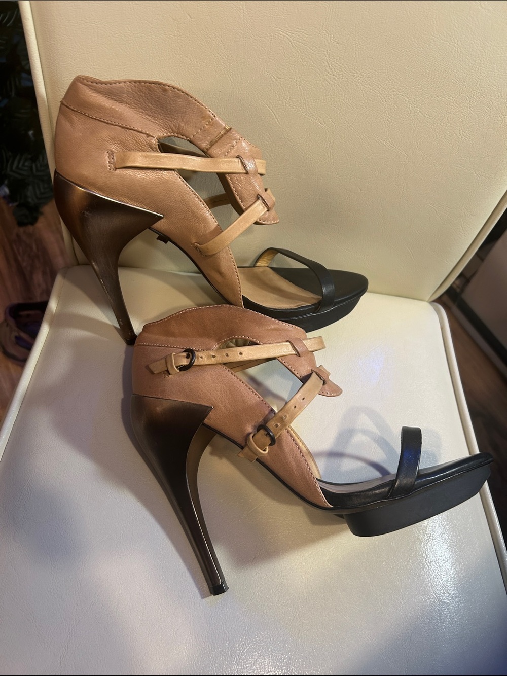AllSaints Two-Tone Strappy High Heels in Tan&Black Leather w Metallic Rose Heel